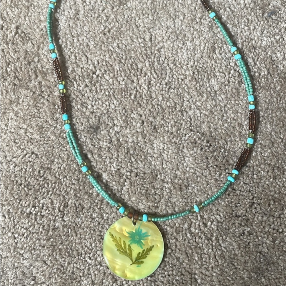 Turquoise and Brown Beaded Necklace with Floral Pendant